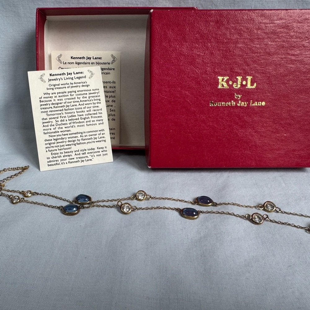 Kenneth Jay Lane Goldtone Necklace with Blue Cabochons and Clear Crystals